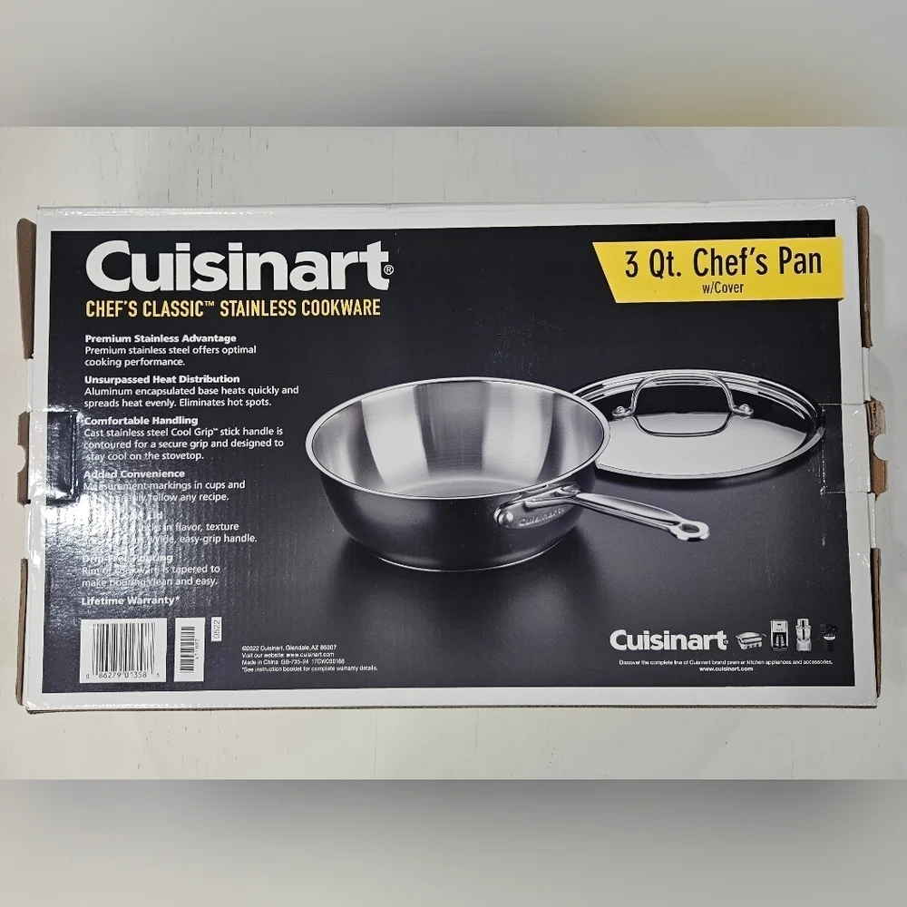 Cuisinart 3 Qt Chefs Pan w/ Lid. Stainless Cookware Cool Grip w/ Measurements